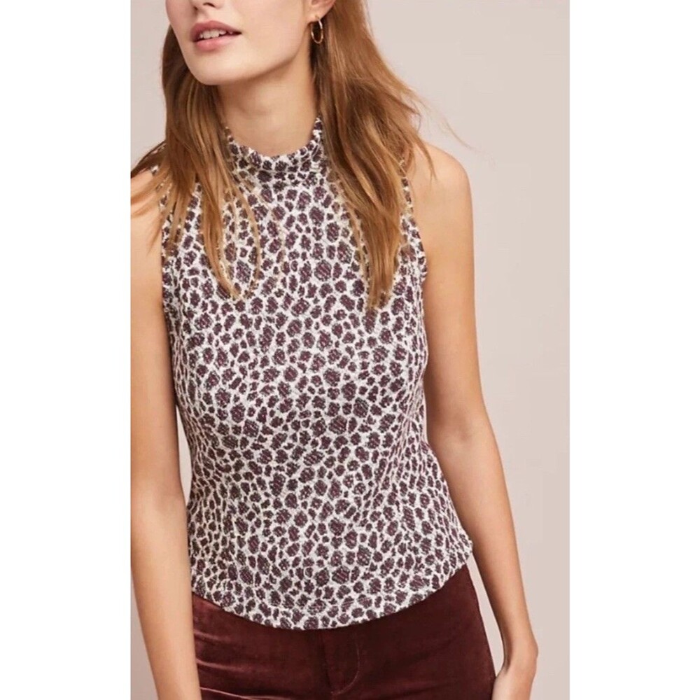Akemi + Kin Anthropologie Top Small Leopard Metallic Print Mock Neck Blouse